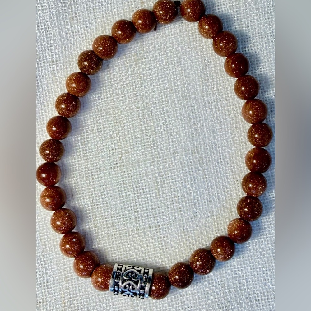 Goldstone  Men’ beaded stretch bracelet,silver plated charm.7.5”